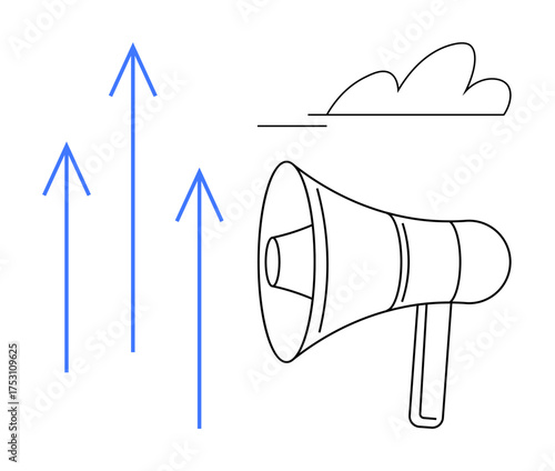 Megaphone emitting message alongside three upward arrows symbolizing progress, growth, or success under a minimalist cloud. Ideal for communication, marketing, promotion, leadership, innovation