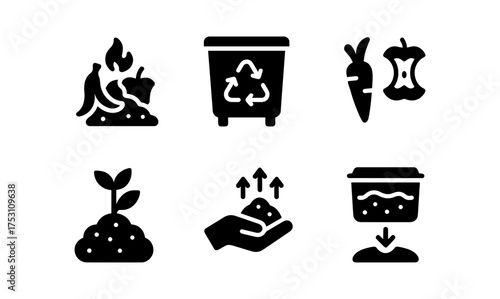 Silhouette icons for compost and recycling: waste, soil, and eco-friendly practices
