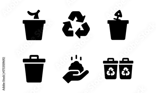 Simple recycling and waste bin icons for environmental awareness