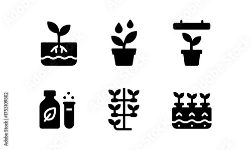 Minimalist icons of plant growth and hydroponics