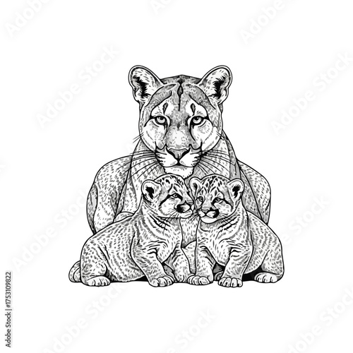 Mother cougar and her two cubs looking directly at the viewer.