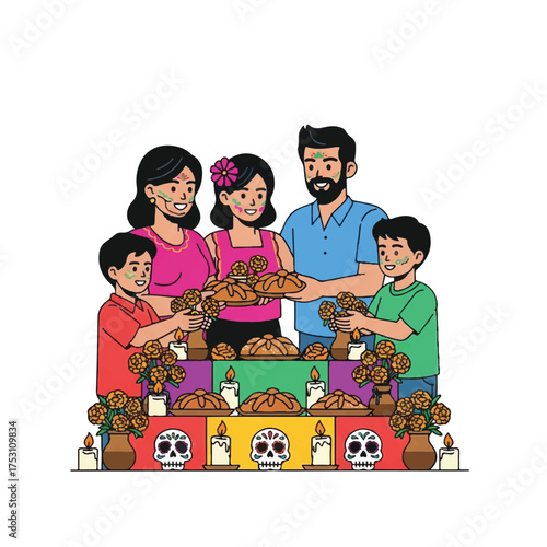 A family of four preparing traditional Mexican Day of the Dead altars with marigolds and skull decorations on a colorful table.