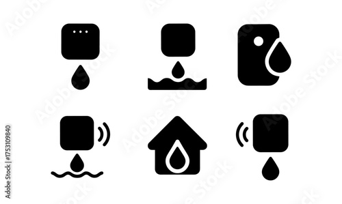 Simple icons of water sensors with drop symbols in minimalist black set