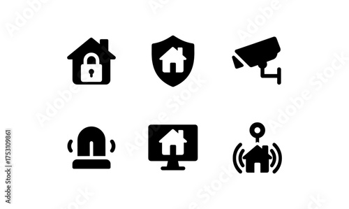 Home security icon set featuring surveillance and alarm symbols