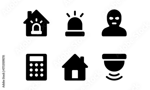 Home security icon set: alarm, burglar, camera, safe home elements in black silhouette