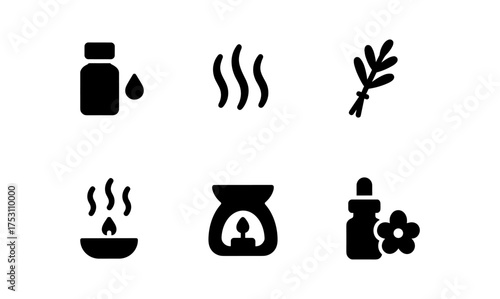 Aromatherapy elements: essential oils, herbs, and candles in minimalist style icons