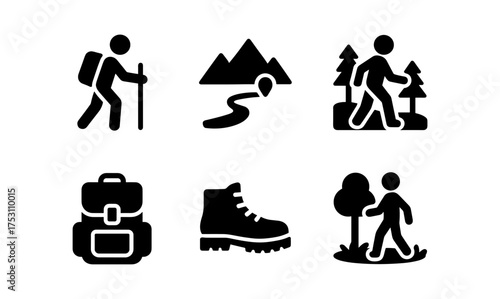 Outdoor adventure icons: hiking, backpacking, and nature silhouettes for travel themes