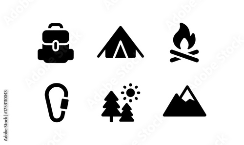 Camping icons set: adventure symbols for outdoors and travel enthusiasts