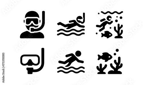 Diving and snorkeling icons set: underwater exploration in simple black design