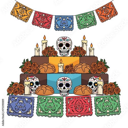 Colorful illustration of a Dia de los Muertos altar with sugar skulls, candles, and papel picado against a white background.