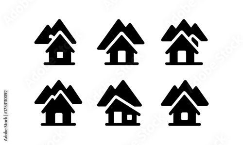 Collection of minimalist black mountain and house silhouettes