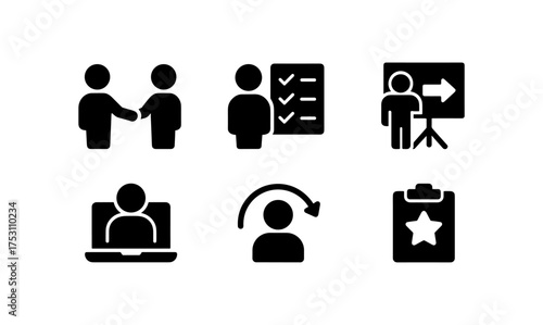 Business icon set: collaboration, presentation, and remote work in silhouette style