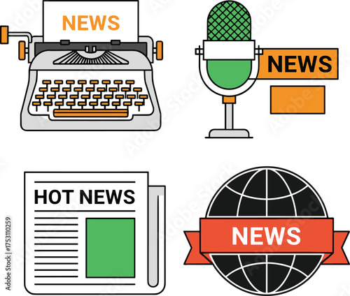 News media icons, typewriter, microphone broadcast, hot news, global news, journalism symbols, communication, news illustration, vintage typewriter, radio microphone