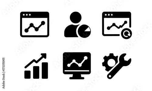 Black and white financial and analytics symbols set for websites and apps