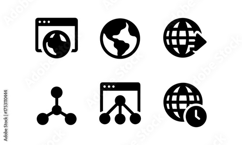 Global connectivity and networking icons: simplistic globe and internet symbols