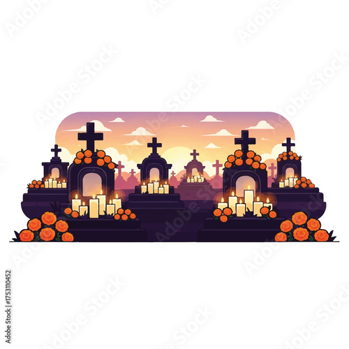 Pixel art illustration of a Day of the Dead cemetery scene with ornate tombs, lit candles, and marigolds against a vibrant sunset background.