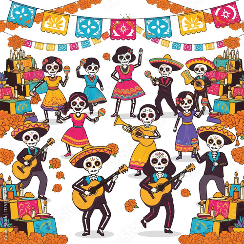 Colorful illustration of sugar skulls dressed as mariachi musicians and dancers celebrating Dia de los Muertos with festive decorations and paper banners.