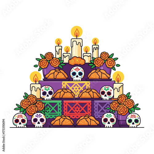 Illustration of a vibrant purple Day of the Dead altar with sugar skulls, marigolds, and candles on a white background.