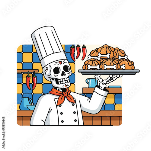 A skeleton dressed as a chef holding a tray of food in a kitchen with a checkered wall and red chili peppers.
