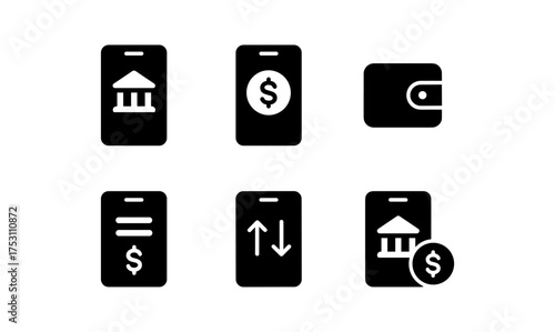 Financial technology icon set: bank, mobile payment, wallet, transactions, income and expenses