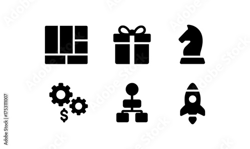 Minimalist black silhouette icons: gift, chess knight, rocket, and more