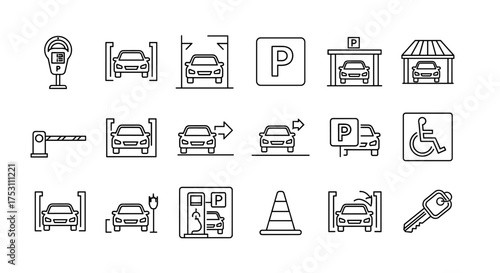Parking line icon set. Car park, garage, and transport symbols. Vector icons for valet service, metered parking, accessible spot, and electric vehicle charging station.