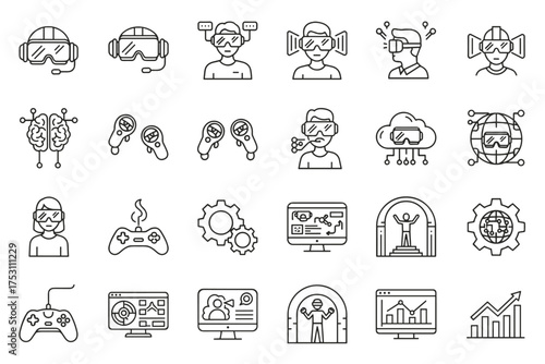 Virtual reality and metaverse line icon set. VR headset, AR glasses, gamer, controller and futuristic technology. Digital world, simulation, entertainment and cyberspace concept.
