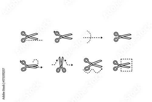 Scissor cut line icon set. Different cutting paths with dashed lines. Vector illustration for coupons, crafts, and package instructions. Snip here symbol collection.