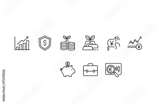 Finance and investment icon set. Business growth, profit analysis concept. Money saving, currency exchange, stock trading symbols. Vector line icons for banking, economy, wealth.
