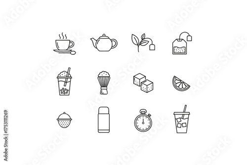 Tea and beverage line icon set. Collection of simple outline icons for coffee and tea. Includes teapot, teacup, boba, matcha, iced tea, infuser, thermos, and sugar.
