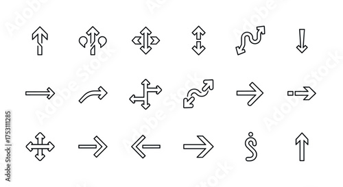 Huge set of directional arrow icons. Navigation symbols and movement indicators. Vector outline design for UI, maps, apps and website elements. Travel and transport concept.
