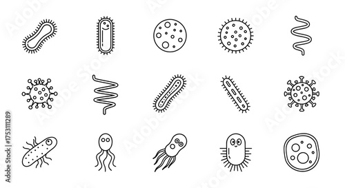 Bacteria and virus line icon set. Collection of various germ, microbe, and pathogen vector symbols. Microbiology science illustration for infection, disease, and biology.