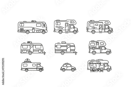 RV camper van and motorhome line icon set. Vector symbols for road trip, camping, travel, and vacation. Recreational vehicle, caravan, trailer and mobile home collection.