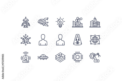 Futuristic technology and artificial intelligence line icon set. Contains robot, AI, machine learning, global network, smart city, innovation, automation, and science concepts.