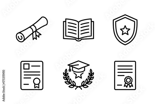 Education and graduation line icon set. University diploma and college certificate vector symbols. Learning, knowledge, and achievement award icons for web and mobile design.