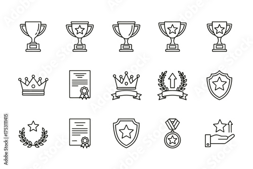 Award success line icons set vector. Trophy, medal, crown, certificate, shield, laurel wreath. Outline symbols for victory, prize, recognition, achievement, champion, winner.