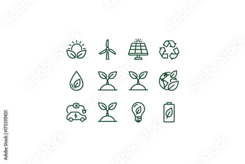 Ecology icon set. Green energy, environment, and sustainability concepts. Vector line icons for solar panel, wind turbine, recycle, plant, electric car. Renewable resources.