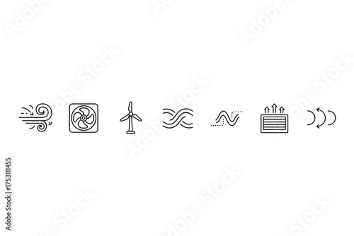 Airflow and ventilation line icon set. Wind, fan, turbine, and HVAC symbols. Concepts for weather, clean energy, air conditioning, circulation, and filtration vector collection.