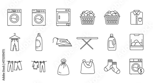 Laundry and dry cleaning service outline icon set. Washing machine, clothes dryer, iron, detergent, basket. Housework, laundromat, clothing care vector pictograms.