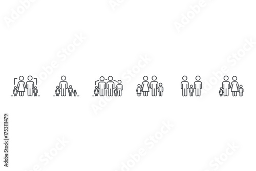 Family line icon set. Diverse family structures pictogram collection. Mother, father, children, single parent, same-sex couple. Gay, lesbian, LGBT parents. People relationship.