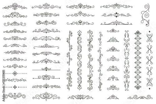 Set of vintage decorative text dividers and borders. Collection of calligraphic ornaments, filigree swirls and scrolls. Retro flourish elements for wedding invitation design.