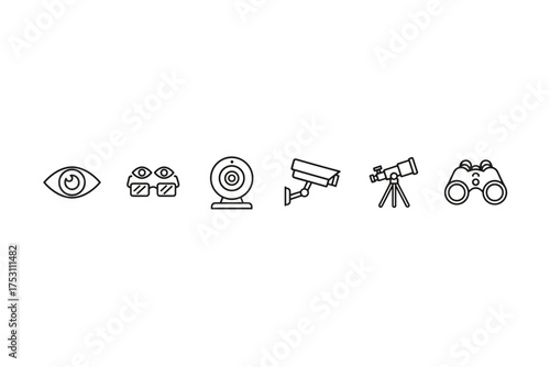Vision, observation, security icons. Technology for seeing, watching, monitoring. Eye, glasses, webcam, CCTV camera, telescope, binoculars. Spying and surveillance concepts. Line art.