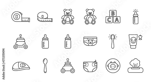 Baby care line icon set. Newborn essentials, feeding, hygiene, and toy collection. Vector graphic symbols for parenting, babyhood, childhood. Bottle, diaper, teddy bear.