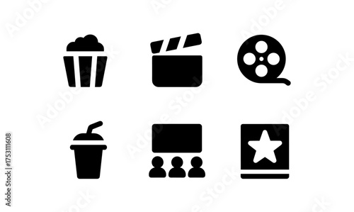 Cinema icons set: popcorn, clapperboard, film reel, drink, audience, star rating
