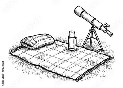 Hand-Drawn Stargazing Setup with Telescope in Classic Illustration Style. Vector for Astronomy and Nature Appreciation.