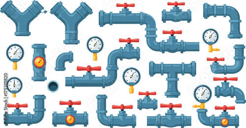 Plumbing pipes, water system, mechanical valves, metal pipeline, pressure gauge, industrial plumbing, pipe network, valve illustration, fluid control, gauge 