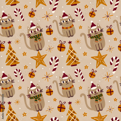 Christmas Cats Seamless Pattern