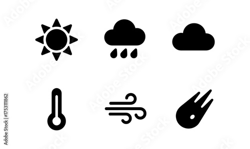 Minimalist weather icons set featuring sun, clouds, rain, and more