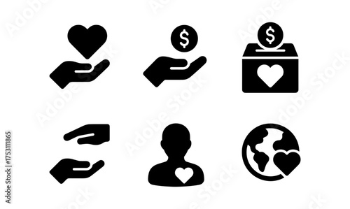 Charity and donation icons: heart, hands, globe, money symbols