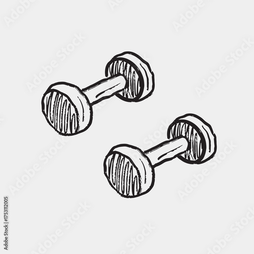 Hand drawn dumbbells. Vector sketch illustration in vintage crayon charcoal style. Classic gym equipment with striped weights for workout, strength training, sports, and fitness